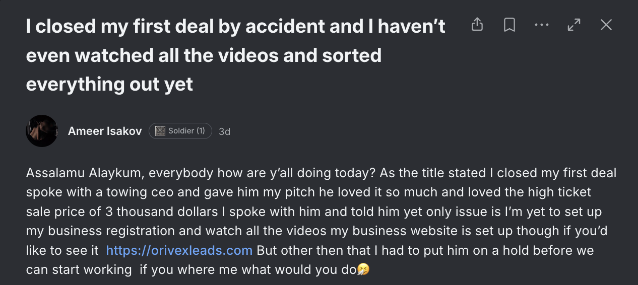 Closed first deal by accident