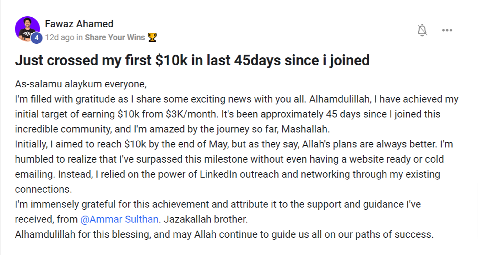 Fawaz — first $10k in 45 days